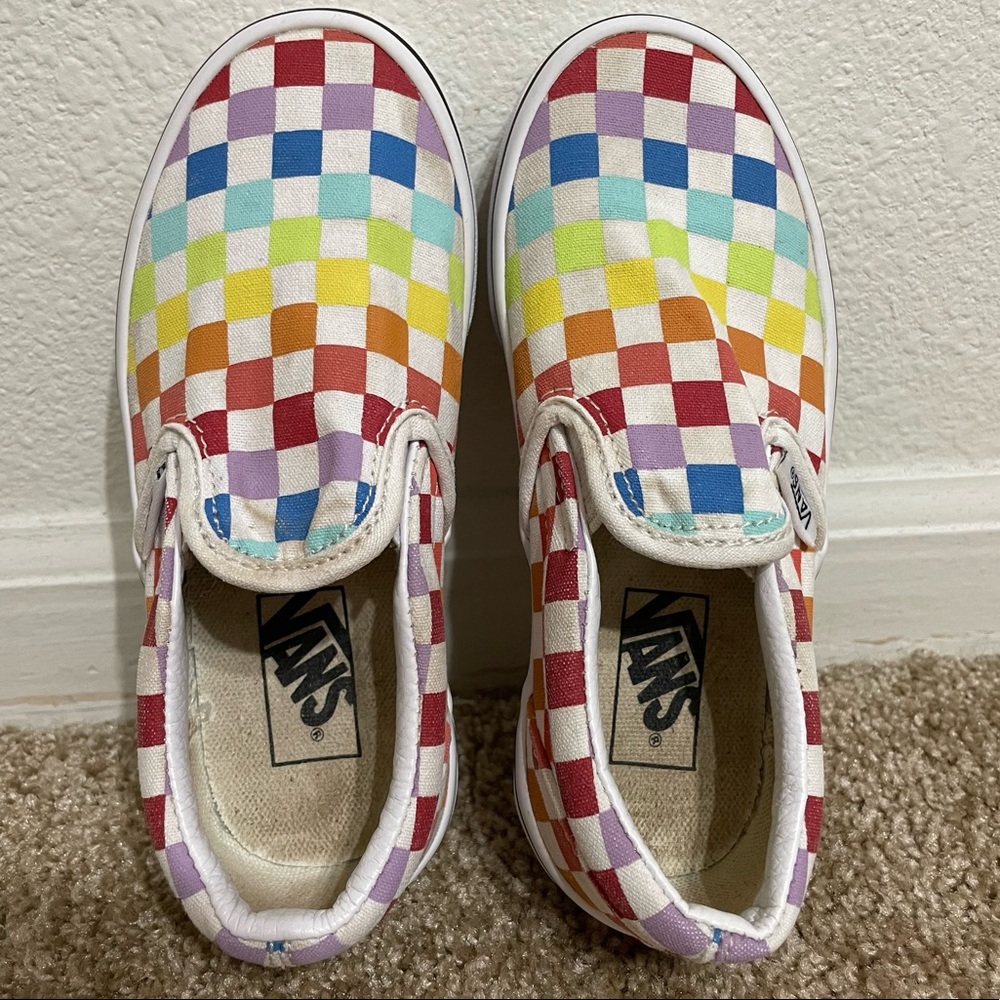 Vans Off The Wall Canvas Slip On Shoes Rainbow Checkered Kids Size 12